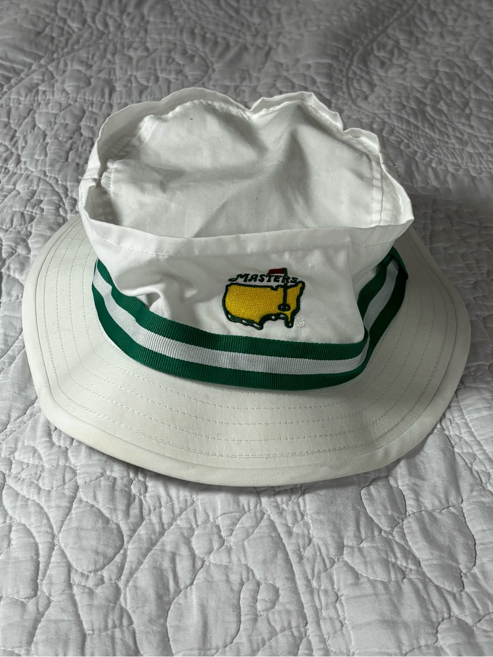American Needle White Bucket Hat with Green Stripes and Yellow Masters Logo